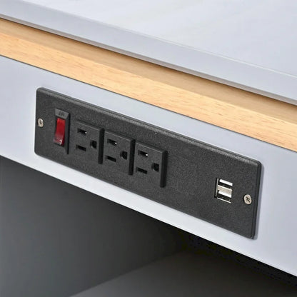 Rolling Kitchen Island: Extended Table, Power Outlets, Glass Doors