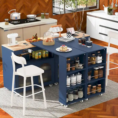 Rolling Kitchen Island: Extended Table, Power Outlets, Glass Doors