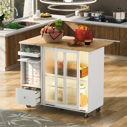 Kitchen Island with Drop Leaf,LED Light Kitchen Cart on Wheels