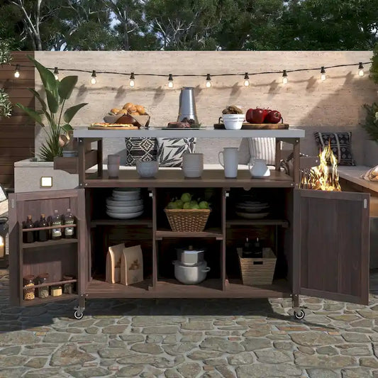 Outdoor Kitchen Island, Rolling Bar Cart & Storage Cabinet,Solid Wood Grill Table with Stainless Steel Top,Spice Rack,Towel Rack