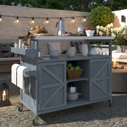 Outdoor Kitchen Island, Rolling Bar Cart & Storage Cabinet,Solid Wood Grill Table with Stainless Steel Top,Spice Rack,Towel Rack