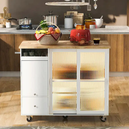 LED Light Kitchen Cart on Wheels with 2 Fluted Glass Doors