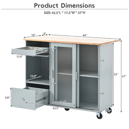 LED Light Kitchen Cart on Wheels with 2 Fluted Glass Doors
