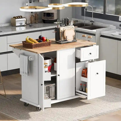 53.9 in. W Kitchen Island Rubberwood Drop-Leaf Countertop on 5 Wheels with Internal Storage Rack and 3 Tier Pull Out Cabinet
