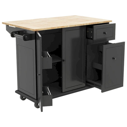 53.9 in. W Kitchen Island Rubberwood Drop-Leaf Countertop on 5 Wheels with Internal Storage Rack and 3 Tier Pull Out Cabinet