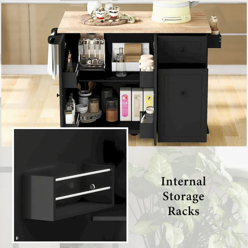 53.9 in. W Kitchen Island Rubberwood Drop-Leaf Countertop on 5 Wheels with Internal Storage Rack and 3 Tier Pull Out Cabinet