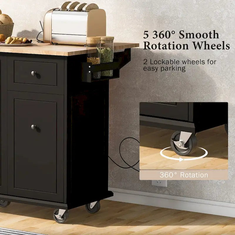 53.9 in. W Kitchen Island Rubberwood Drop-Leaf Countertop on 5 Wheels with Internal Storage Rack and 3 Tier Pull Out Cabinet