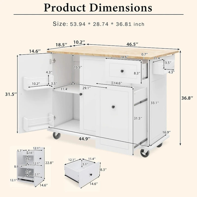 53.9 in. W Kitchen Island Rubberwood Drop-Leaf Countertop on 5 Wheels with Internal Storage Rack and 3 Tier Pull Out Cabinet