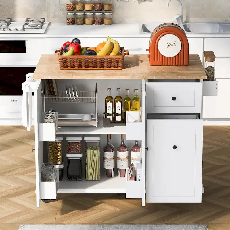 53.9 in. W Kitchen Island Rubberwood Drop-Leaf Countertop on 5 Wheels with Internal Storage Rack and 3 Tier Pull Out Cabinet