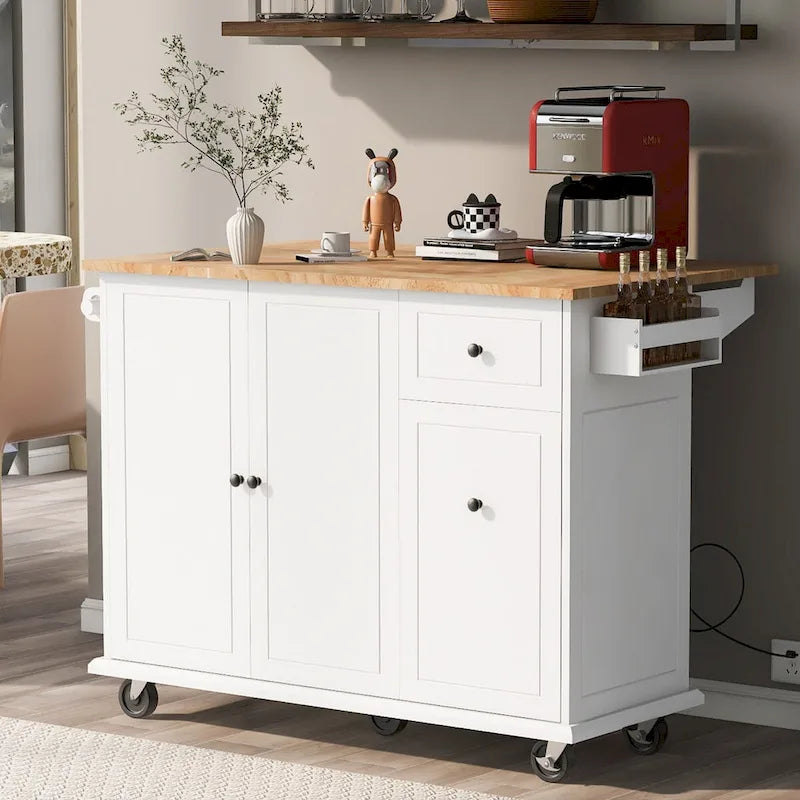 53.9 in. W Kitchen Island Rubberwood Drop-Leaf Countertop on 5 Wheels with Internal Storage Rack and 3 Tier Pull Out Cabinet