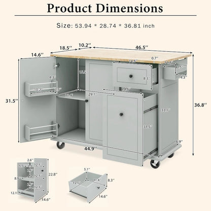 53.9 in. W Kitchen Island Rubberwood Drop-Leaf Countertop on 5 Wheels with Internal Storage Rack and 3 Tier Pull Out Cabinet