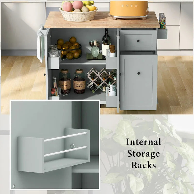 53.9 in. W Kitchen Island Rubberwood Drop-Leaf Countertop on 5 Wheels with Internal Storage Rack and 3 Tier Pull Out Cabinet