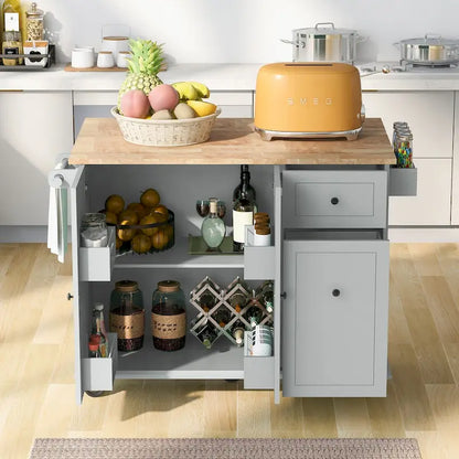 53.9 in. W Kitchen Island Rubberwood Drop-Leaf Countertop on 5 Wheels with Internal Storage Rack and 3 Tier Pull Out Cabinet