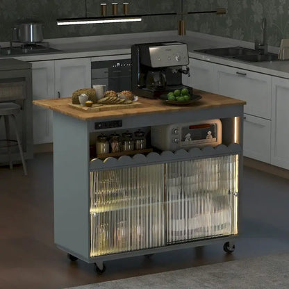 LED Light Kitchen Island on Wheels with Drop Leaf and Power Outlets