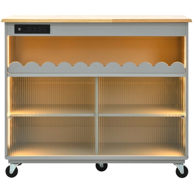 LED Light Kitchen Island on Wheels with Drop Leaf and Power Outlets
