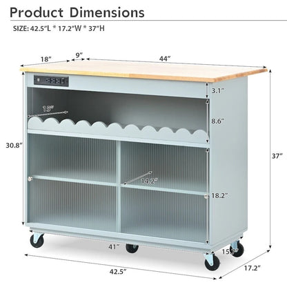 LED Light Kitchen Island on Wheels with Drop Leaf and Power Outlets