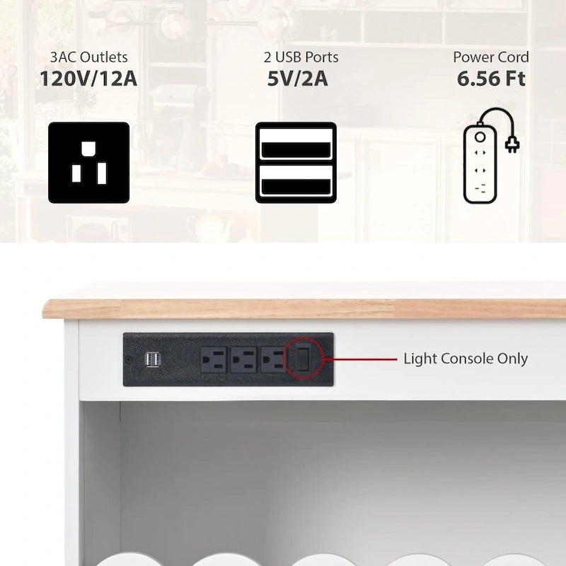 LED Light Kitchen Island on Wheels with Drop Leaf and Power Outlets