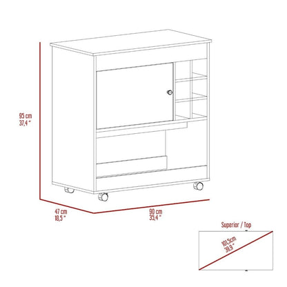 Bar Cart Aloha, Lower Panel, Six Bottle Cubbies, One Cabinet for Kitchen, Party and Living Room