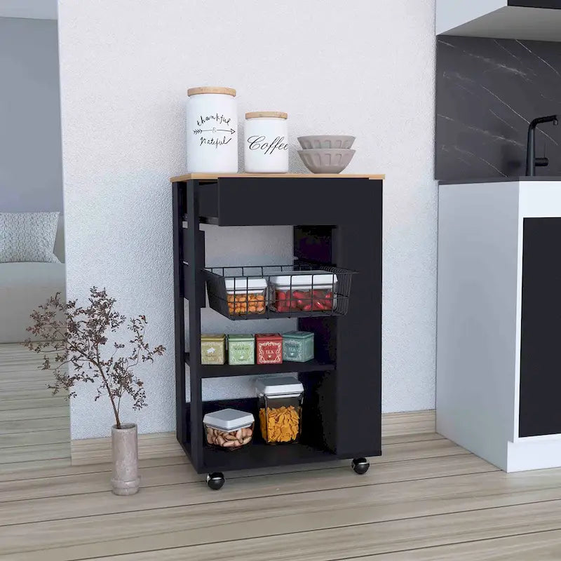 Kitchen Cart, One Drawer, Two Open Shelves, Four Casters -White / Light Oak