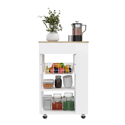 Kitchen Cart, One Drawer, Two Open Shelves, Four Casters -White / Light Oak