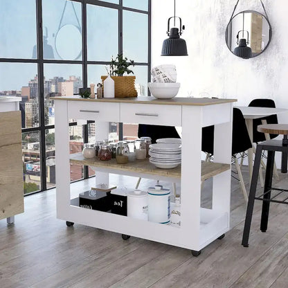 Rockaway 2-Drawer 2-Shelf Kitchen Island White and Light Oak