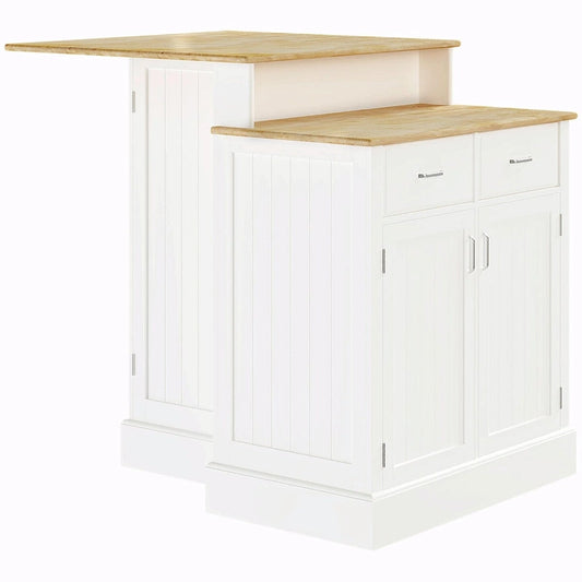 Kitchen Island with Storage Cabinet, 2-Level Rubber Wood Top, Adjustable Shelves, and Drawers