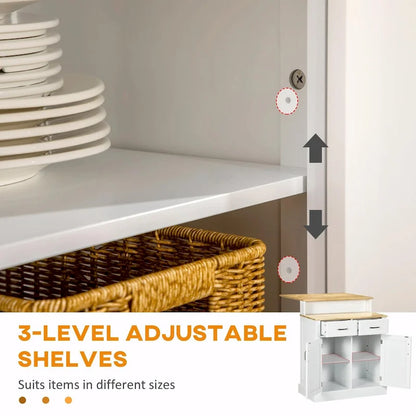Kitchen Island with Storage Cabinet, 2-Level Rubber Wood Top, Adjustable Shelves, and Drawers