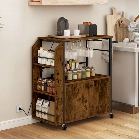 Moasis Rolling Portable Kitchen Island Cart With Power Outlet And Open Shelves