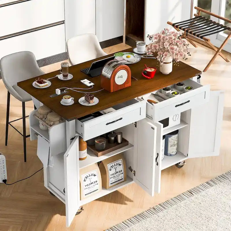 53.5Kitchen Island with Power Outlet,Storage Island with Drop Leaf,Spice Rack and Drawer,Rolling Kitchen Cart on Wheels