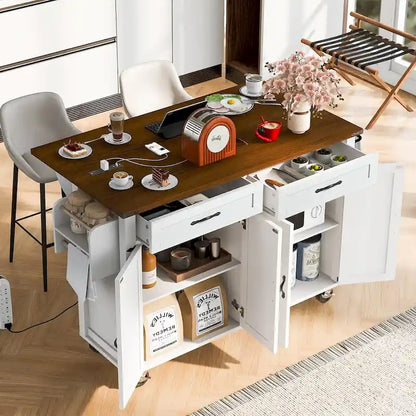 53.5Kitchen Island with Power Outlet,Storage Island with Drop Leaf,Spice Rack and Drawer,Rolling Kitchen Cart on Wheels