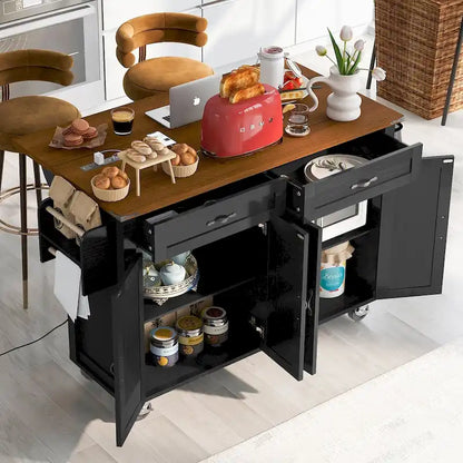 53.5Kitchen Island with Power Outlet,Storage Island with Drop Leaf,Spice Rack and Drawer,Rolling Kitchen Cart on Wheels