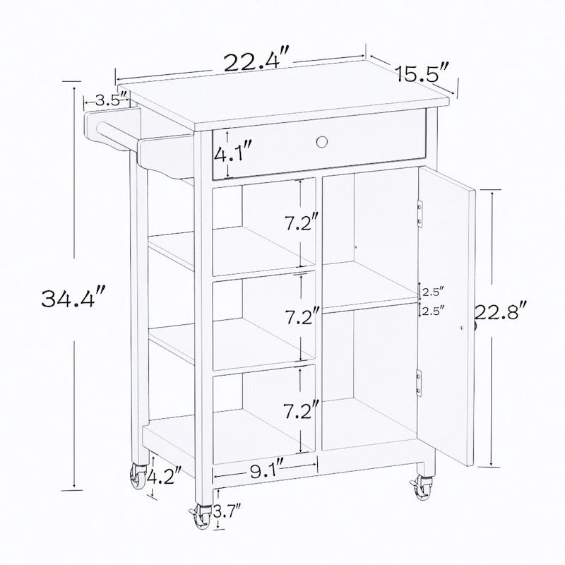 Kitchen Island Rolling Cart with Adjustable Shelves and Towel Rack, Rubberwood Top