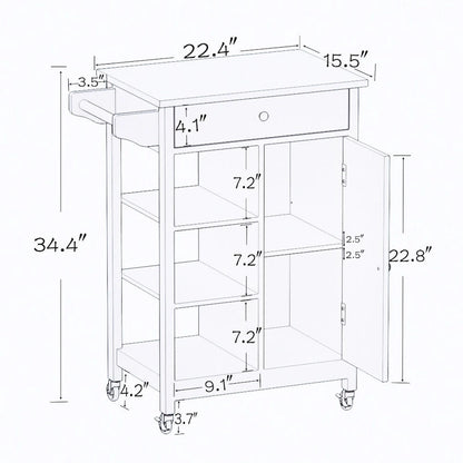 Kitchen Island Rolling Cart with Adjustable Shelves and Towel Rack, Rubberwood Top