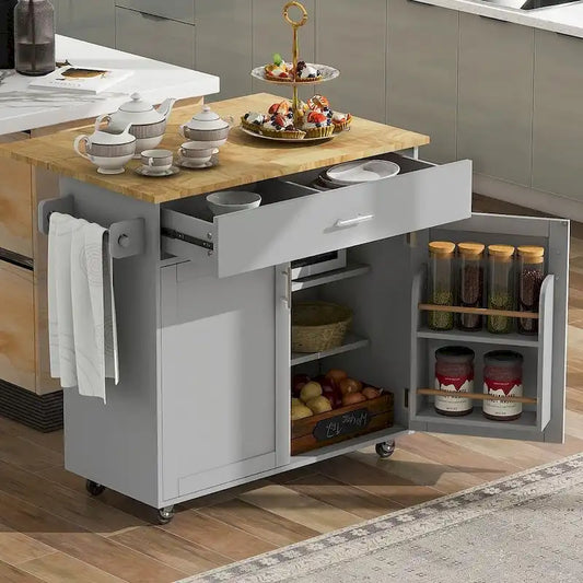 39.00 W Modern Rubberwood Top Kitchen Cart with Storage and Towel Racks