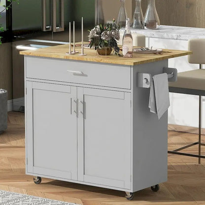 39.00 W Modern Rubberwood Top Kitchen Cart with Storage and Towel Racks