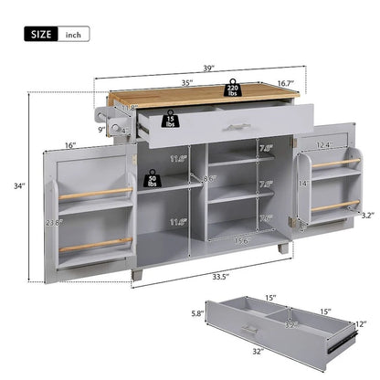 39.00 W Modern Rubberwood Top Kitchen Cart with Storage and Towel Racks