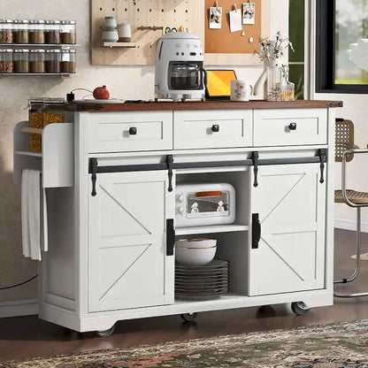 53.7 Farmhouse Kitchen Island with Power Outlets and 2 Sliding Barn Doors