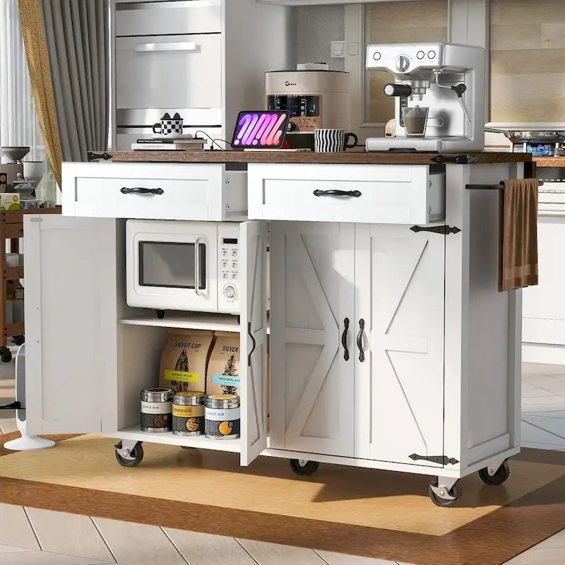 53.5 Farmhouse Kitchen Island Cart with Power Outlet, Drop Leaf, Spice Rack, and 2 Drawers, 5 Wheels