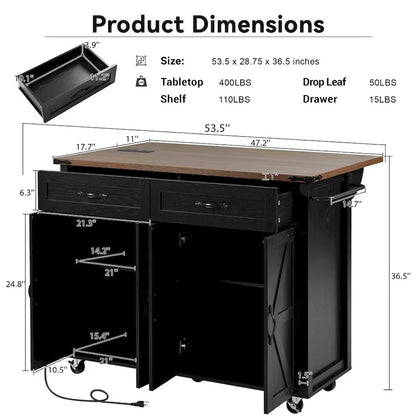 53.5 Farmhouse Kitchen Island Cart with Power Outlet, Drop Leaf, Spice Rack, and 2 Drawers, 5 Wheels
