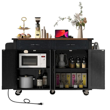 53.5 Farmhouse Kitchen Island Cart with Power Outlet, Drop Leaf, Spice Rack, and 2 Drawers, 5 Wheels