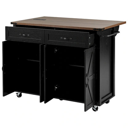 53.5 Farmhouse Kitchen Island Cart with Power Outlet, Drop Leaf, Spice Rack, and 2 Drawers, 5 Wheels