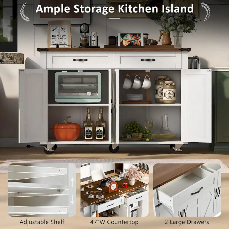 53.5 Farmhouse Kitchen Island Cart with Power Outlet, Drop Leaf, Spice Rack, and 2 Drawers, 5 Wheels