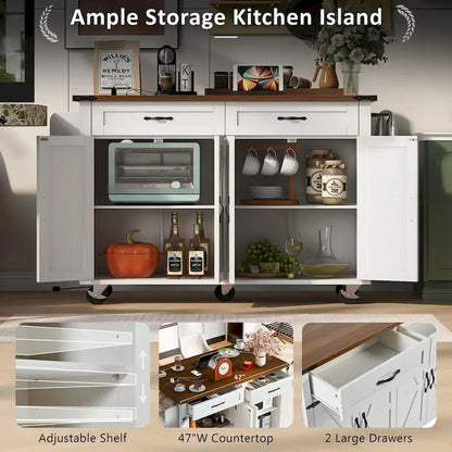 53.5 Farmhouse Kitchen Island Cart with Power Outlet, Drop Leaf, Spice Rack, and 2 Drawers, 5 Wheels