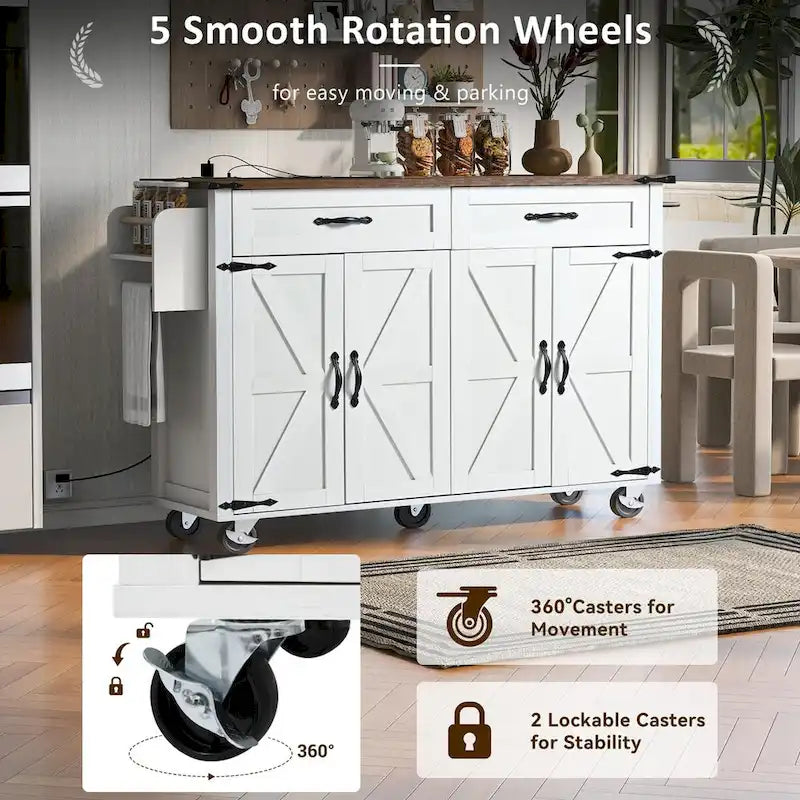 53.5 Farmhouse Kitchen Island Cart with Power Outlet, Drop Leaf, Spice Rack, and 2 Drawers, 5 Wheels
