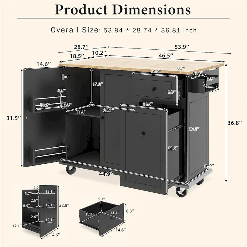 Rolling Kitchen Cart with Internal Storage Rack and Pull Out Cabinet - N/A