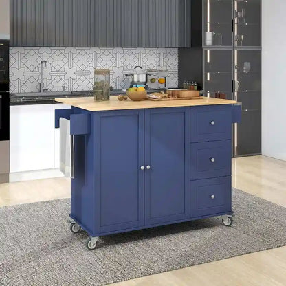 52.7 W Folding Multifunctional Lockable Wheel Kitchen Cart with 2 Doors and 3 Drawers