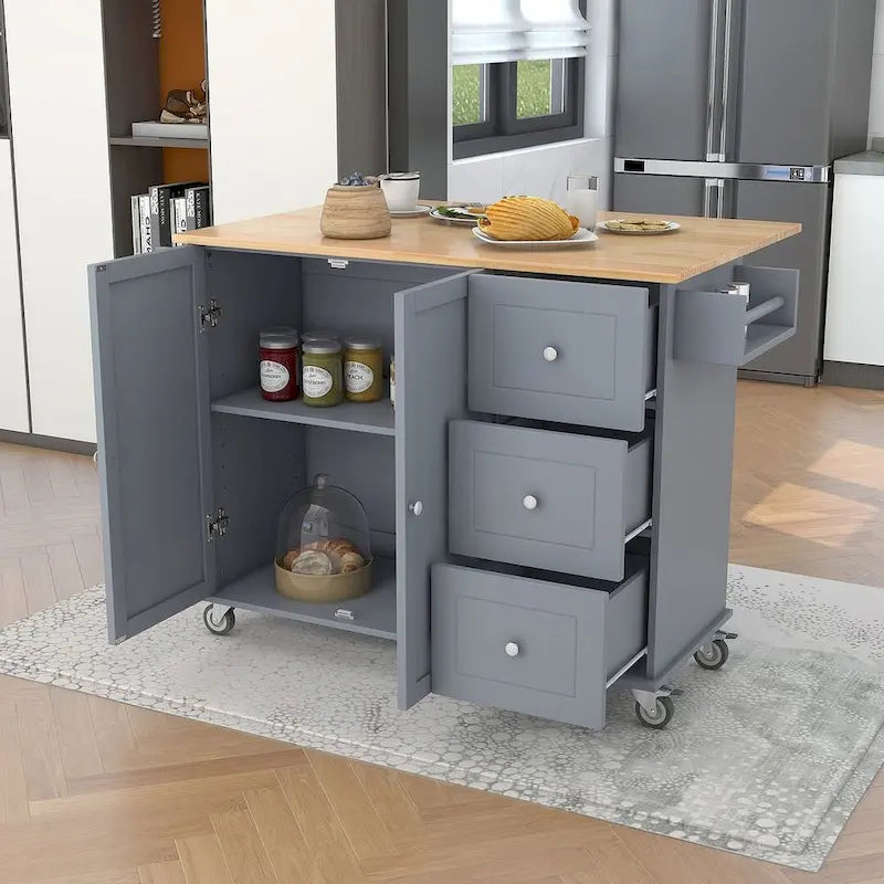 52.7 W Folding Multifunctional Lockable Wheel Kitchen Cart with 2 Doors and 3 Drawers