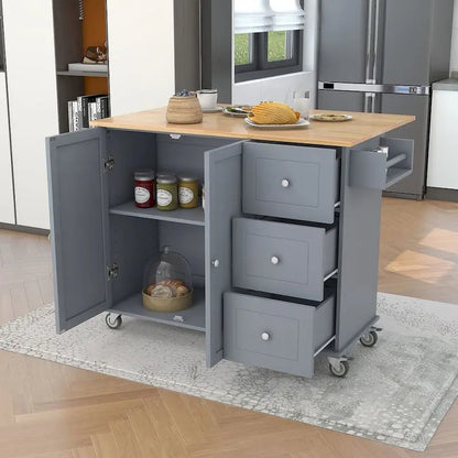 52.7 W Folding Multifunctional Lockable Wheel Kitchen Cart with 2 Doors and 3 Drawers