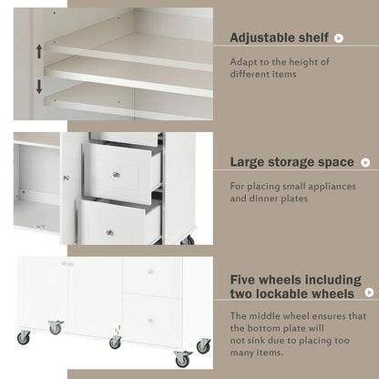 52.7 W Folding Multifunctional Lockable Wheel Kitchen Cart with 2 Doors and 3 Drawers