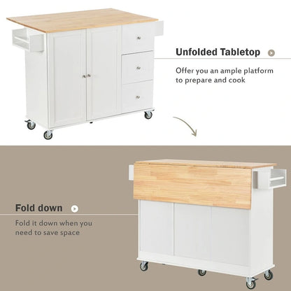 52.7 W Folding Multifunctional Lockable Wheel Kitchen Cart with 2 Doors and 3 Drawers
